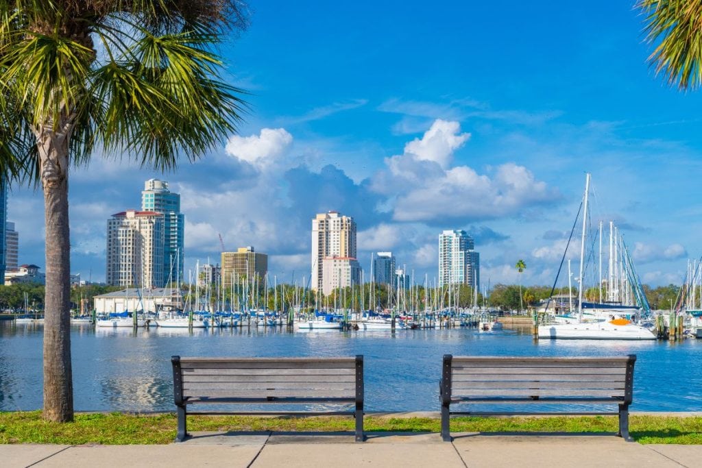 scenic view of the skyline and boat harbor in St. Petersburg, Florida