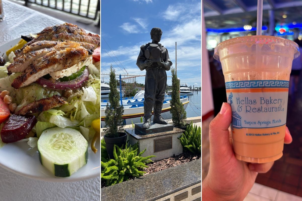 Greek food, the sponge diver statue, and a Hellas Bakery drink in Tarpon Springs, Florida